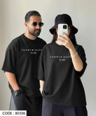 تیشرت باکسی کاپلی هم زنانه هم مردانه طرح Tommy جنس نخ پنبه خنک تابستانی آستین سه ربع کد 80306